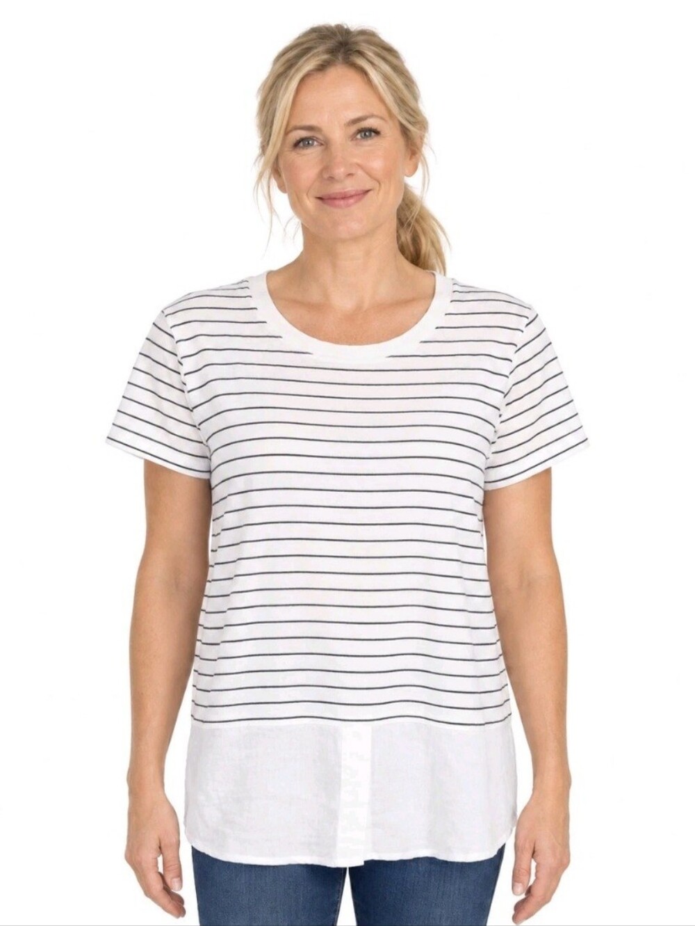 Theory Short Sleeve Striped Tee Shirt With Contrast Shirttail Hem Large